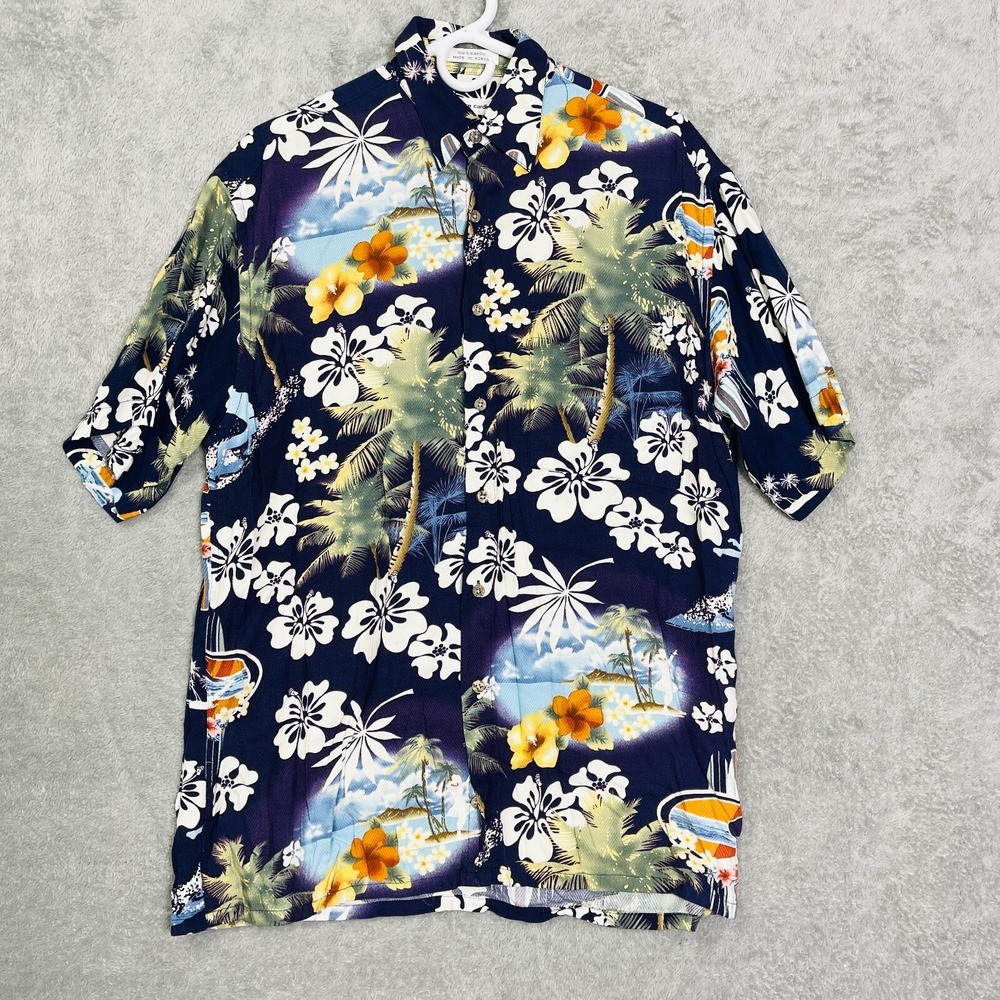 Pierre Cardin Adult Medium‎ Navy Hawaiian Flowers Palm Trees Surfing